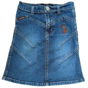 Vintage Baby Phat Y2K Denim Midi Skirt Girls 5 Stretch Embroidered Cat Blue Jean
